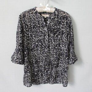Loft black gray poly geometric 3/4 sleeve pullover blouse *Sz S*
